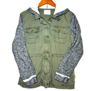 Mudd Women's Y2K Vintage Hooded Zipper Button Bomber Green Jacket Sz L